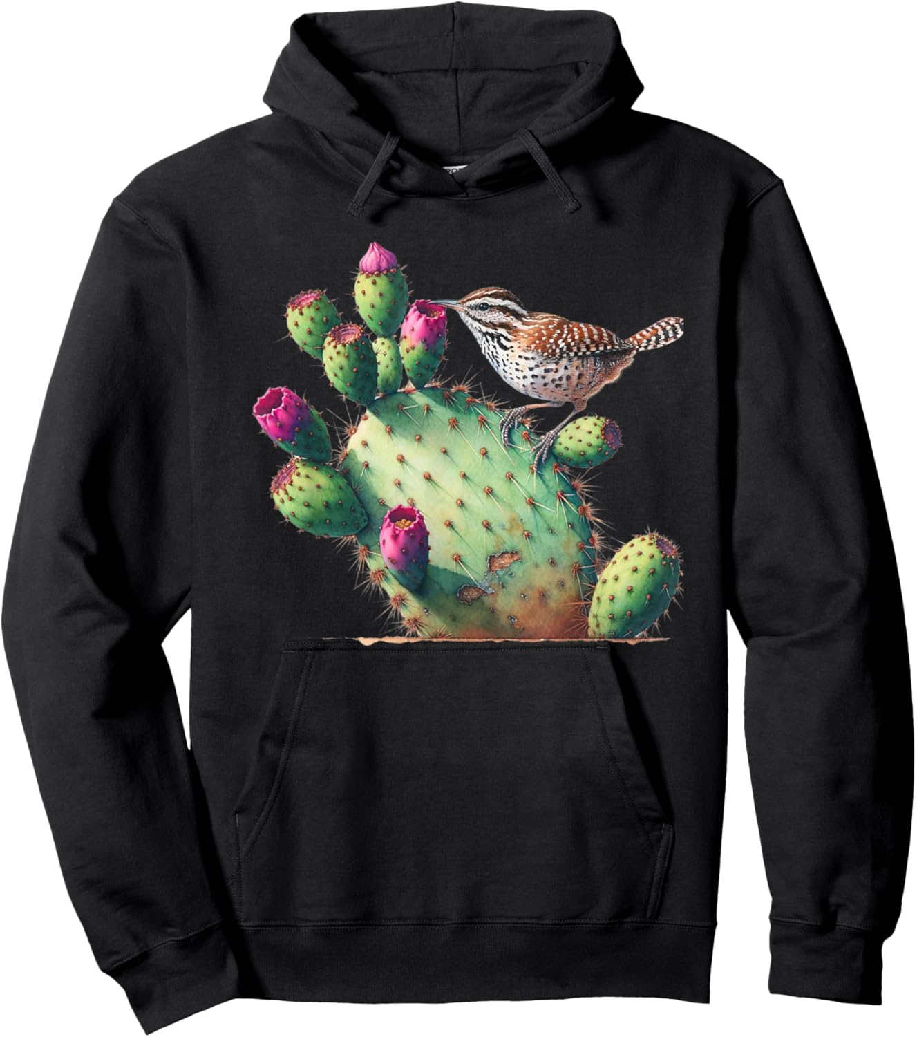 Cactus Wren & Prickly Pear Watercolor Art , Small, Black Hoodie - Hoodie | Black