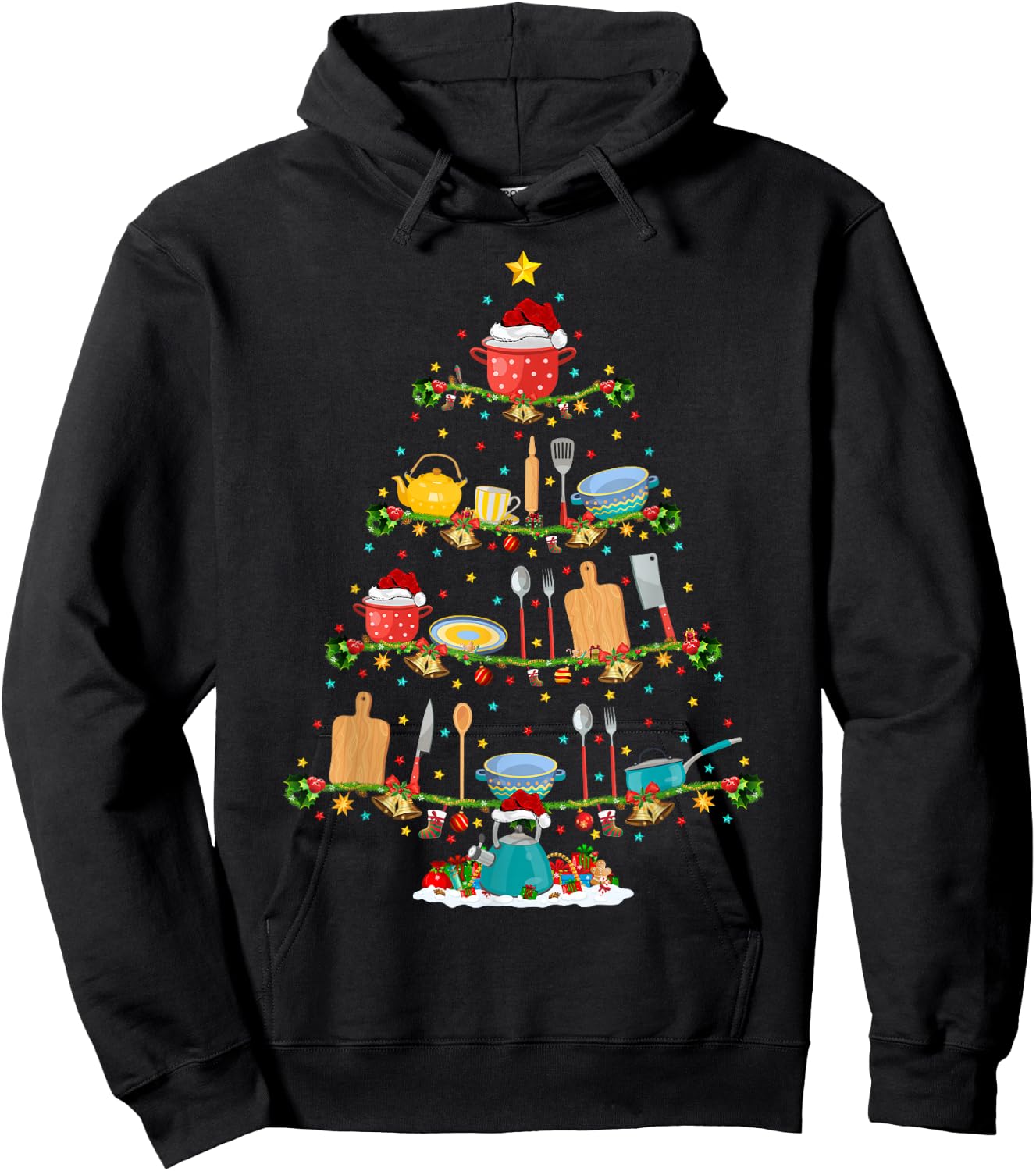 Cooking Lover Lights Xmas Santa Cooking Christmas Tree Hoodie - Hoodie | Black