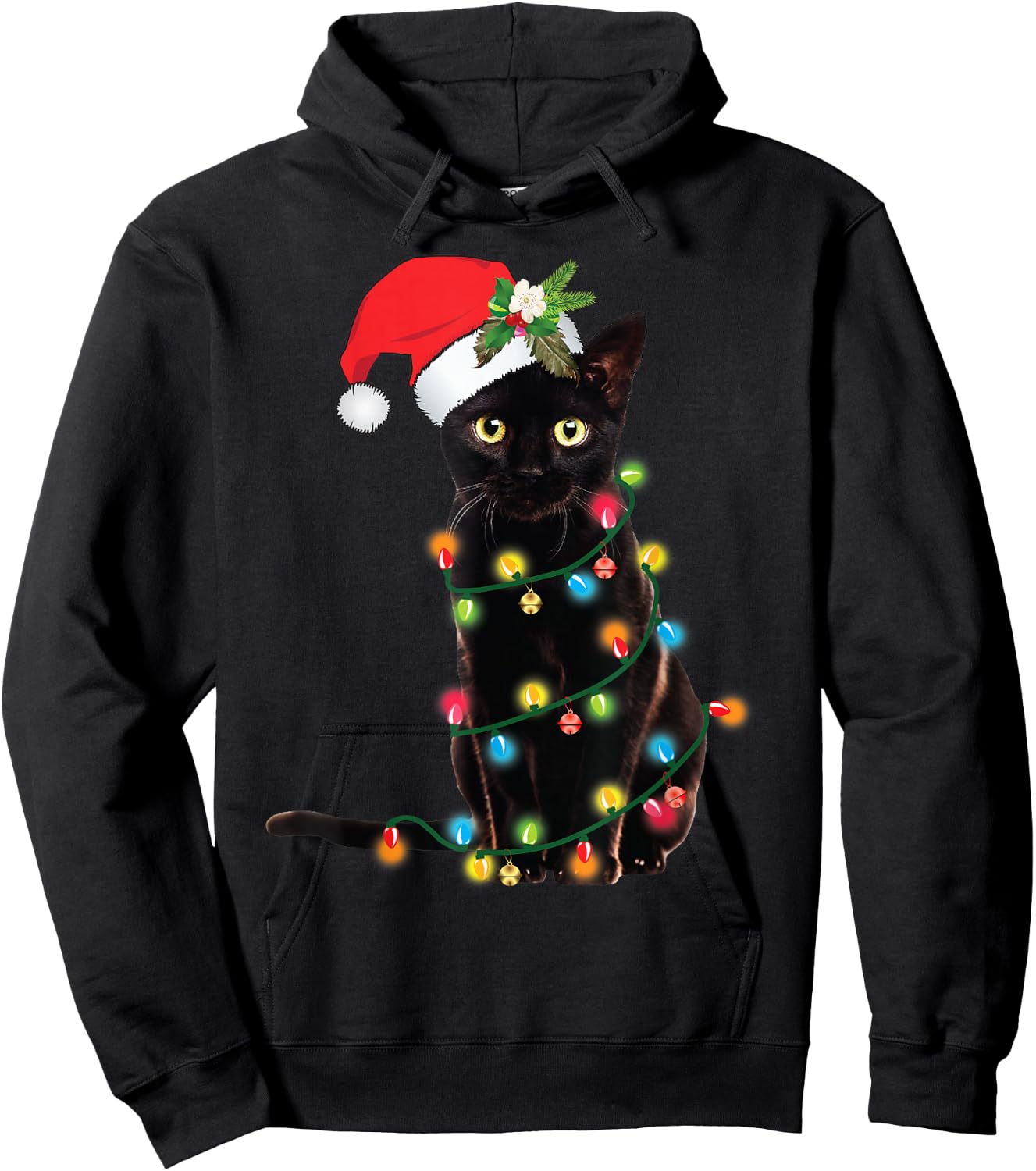Santa Black Cat Tangled Up In Christmas Tree Lights Hoodie - Hoodie | Black