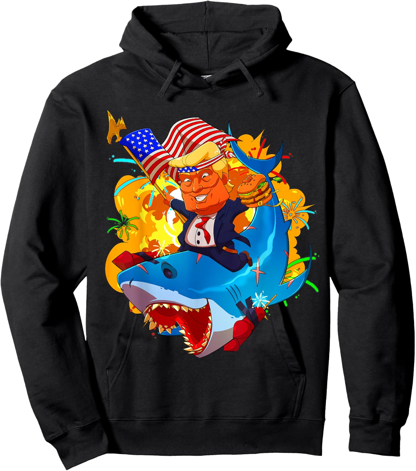 Trump Shark Patriotic Unique 4th of July American Flag Hoodie - Hoodie | Black