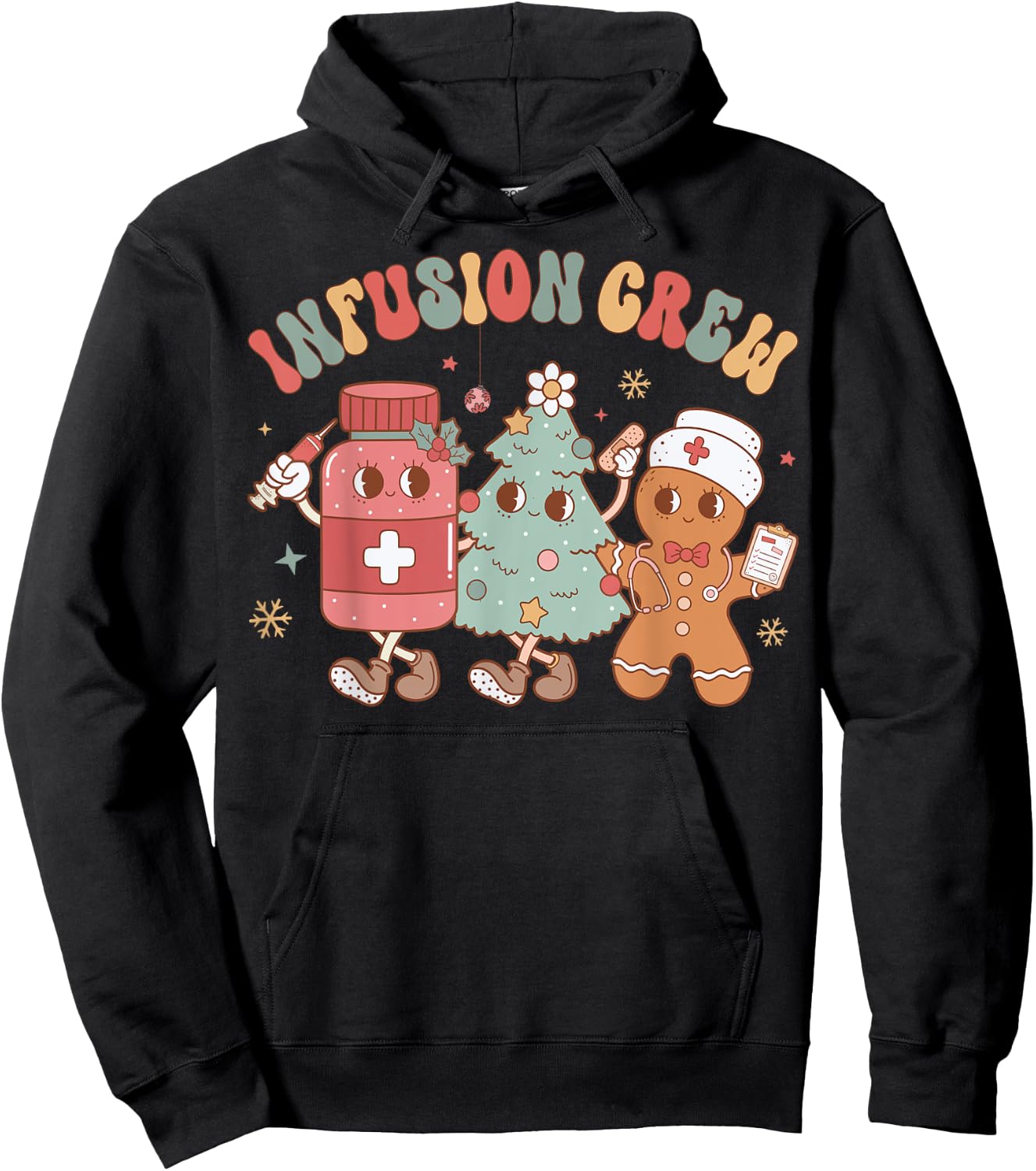 Infusion Nurse Crew Tree Gingerbread Christmas Nurse Retro Hoodie - Hoodie | Black
