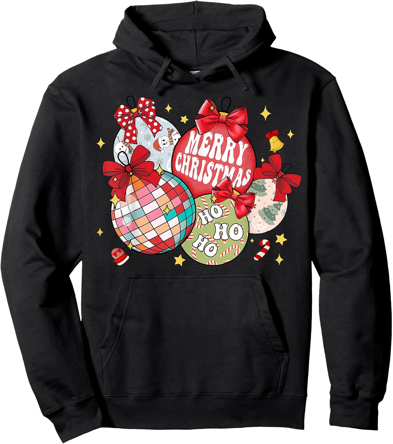 Merry Christmas Ornaments Disco Ball Coquette Bow Xmas Tree Hoodie - Hoodie | Black