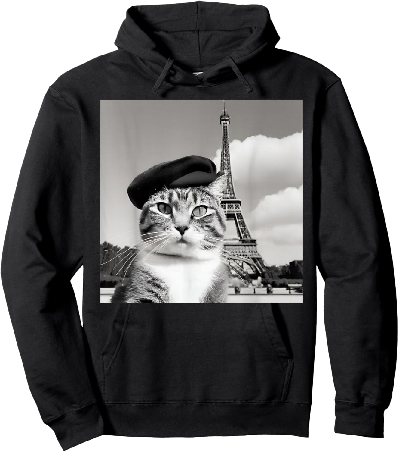 Funny Cat Wearing a Beret at The Eiffel Tower in France Hoodie - Hoodie | Black