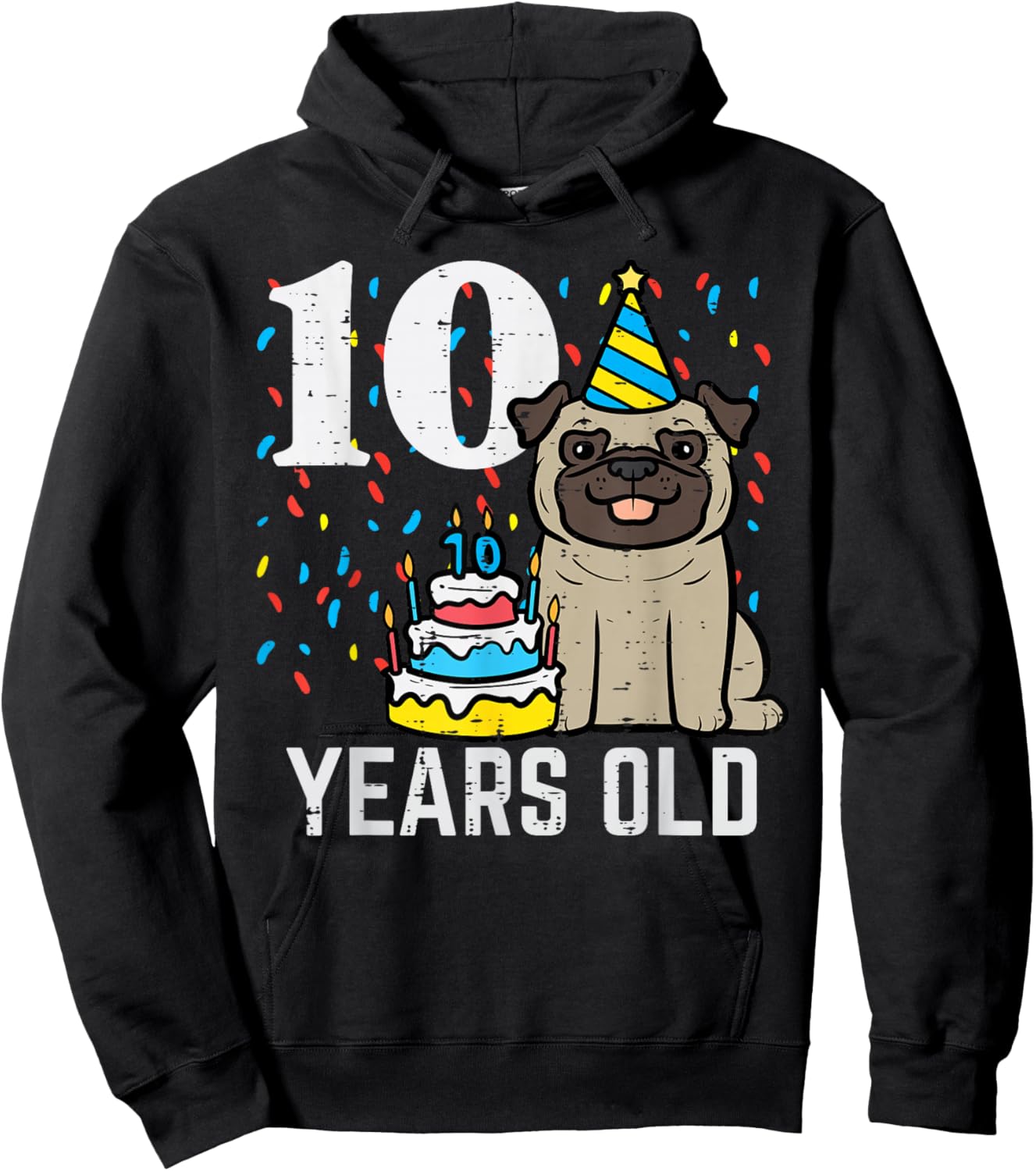 10 Years OId Dog Pug 10th Birthday Bday Party Boys Girls Kid Hoodie - Hoodie | Black