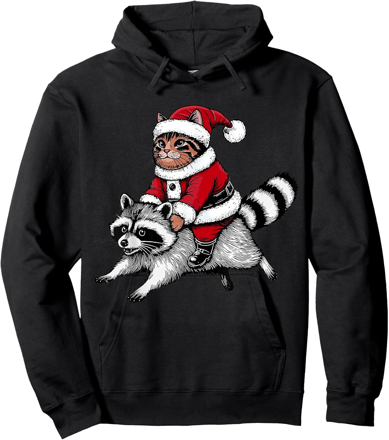 Santa Cat Riding A Raccoon Christmas Men Women Kids Hoodie - Hoodie | Black