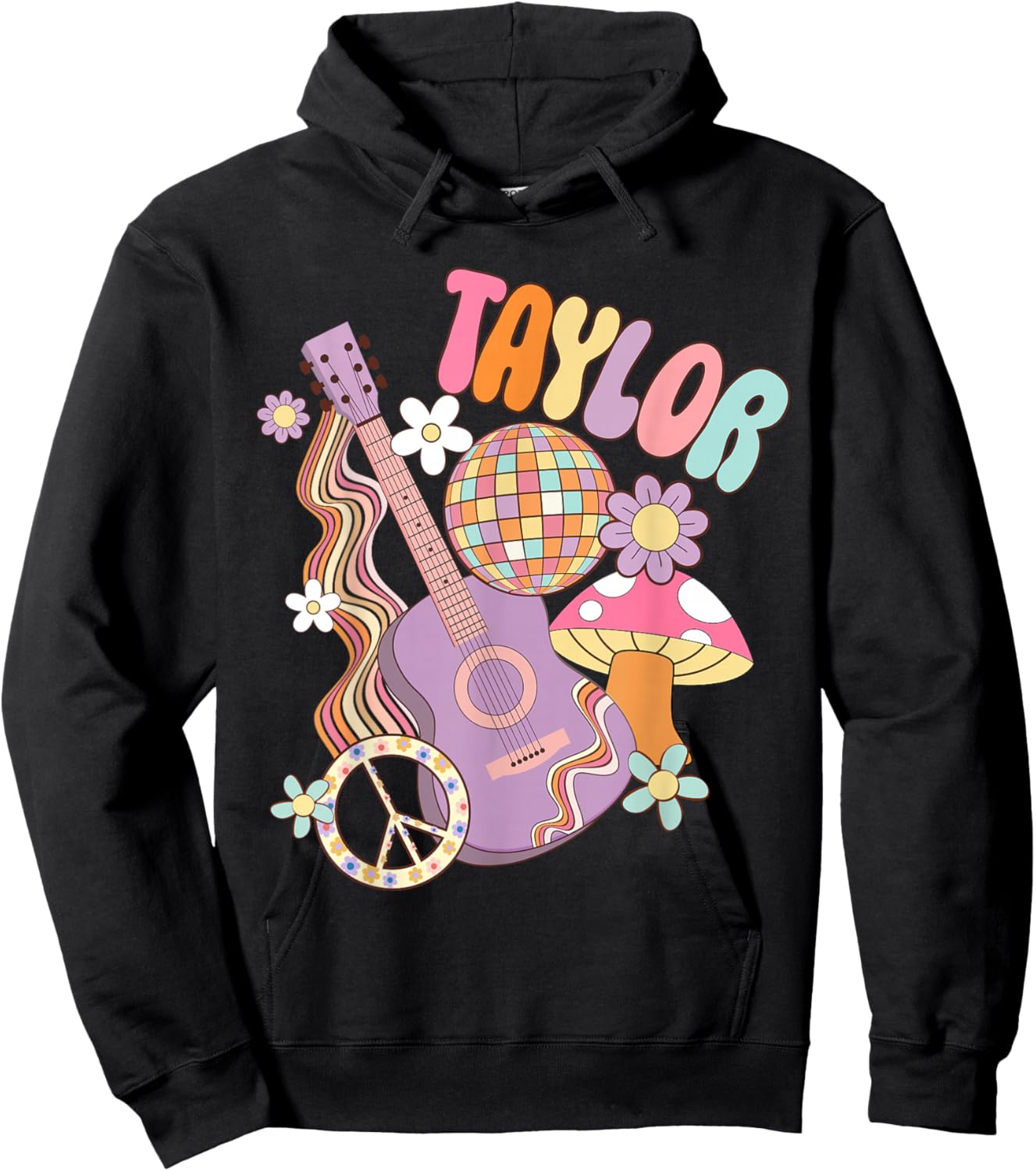Girl Retro Taylor First Name Personalized Groovy 80's Hoodie - Hoodie | Black