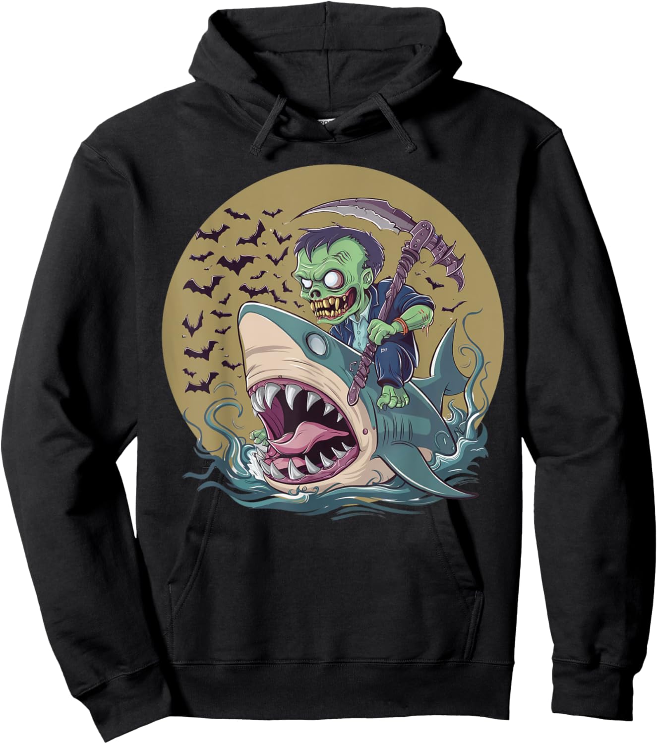 Funny Halloween Zombie Riding Shark Men Women Kid Girls Boys Hoodie - Hoodie | Black