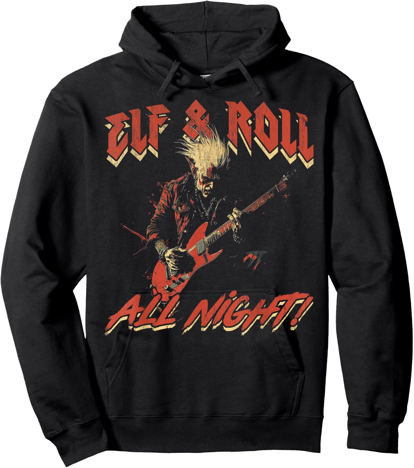 Elf & Roll All Night Rockin' Christmas Elf Music Hoodie - Hoodie | Black