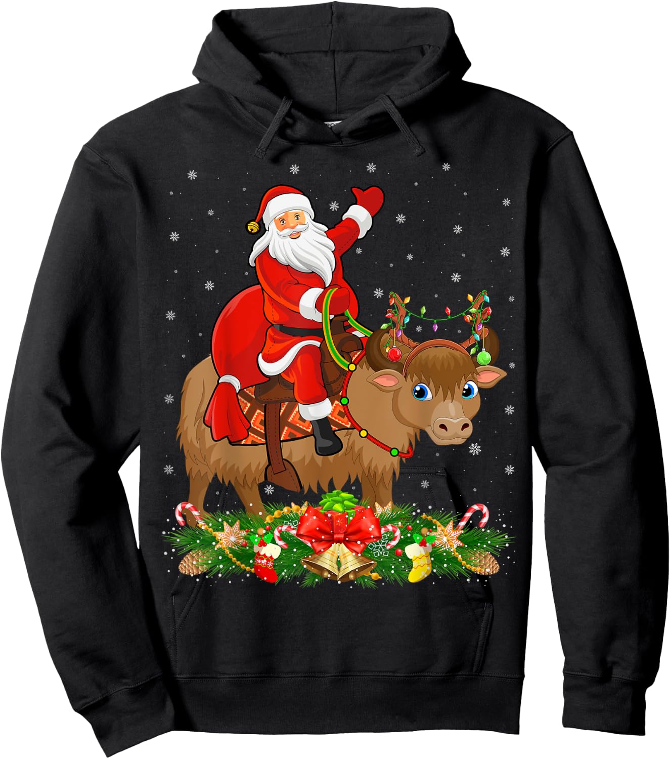 Xmas Decor Lights Funny Santa Riding Yak Christmas Hoodie - Hoodie | Black