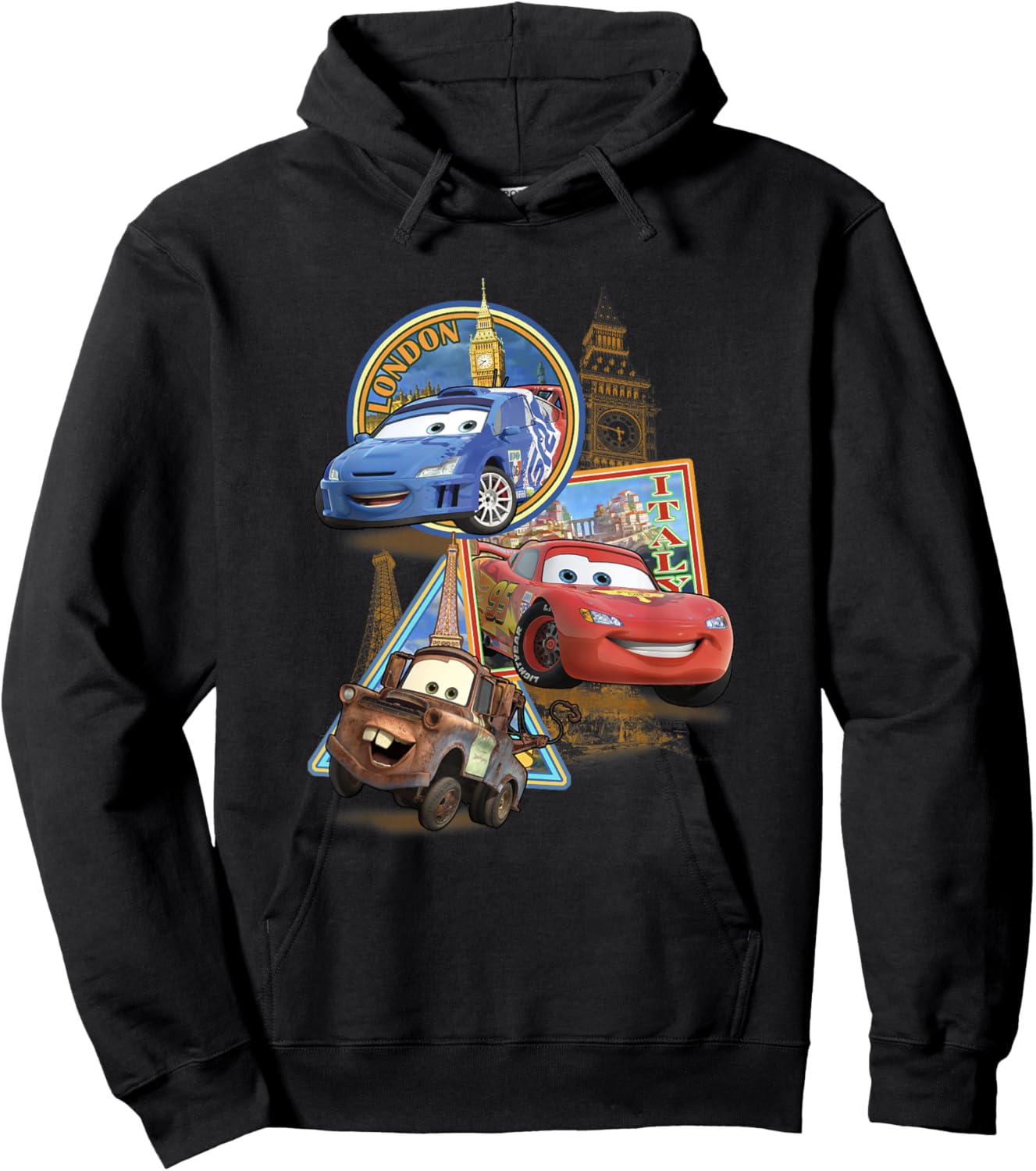 Disney Pixar Cars 2 London Italy Paris World Tour Postcards Hoodie - Hoodie | Black