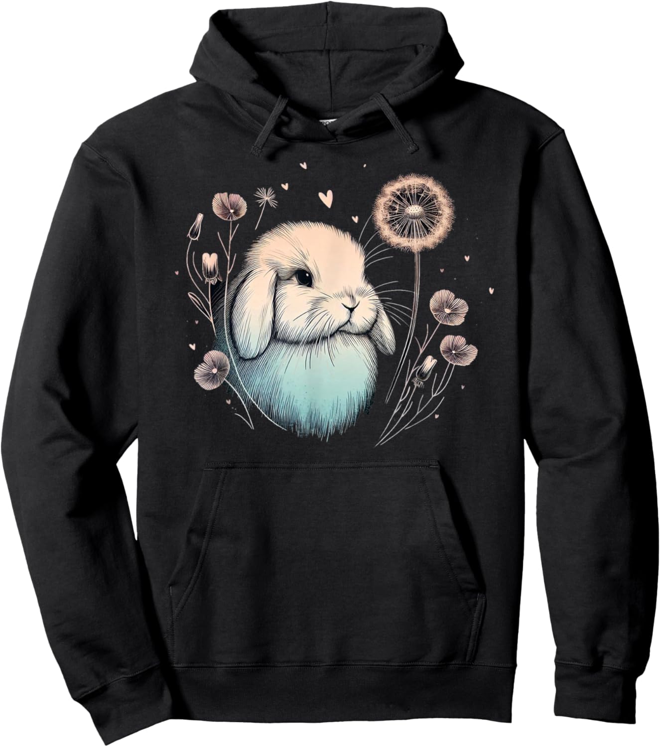 Love Holland Lop Rabbit Dandelion Floral Watercolor Bunny Hoodie - Hoodie | Black