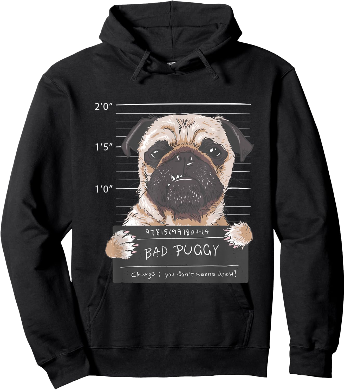Cute Pug Mugshot Bad Puggy Puppy Humor Funny Dog Hoodie - Hoodie | Black