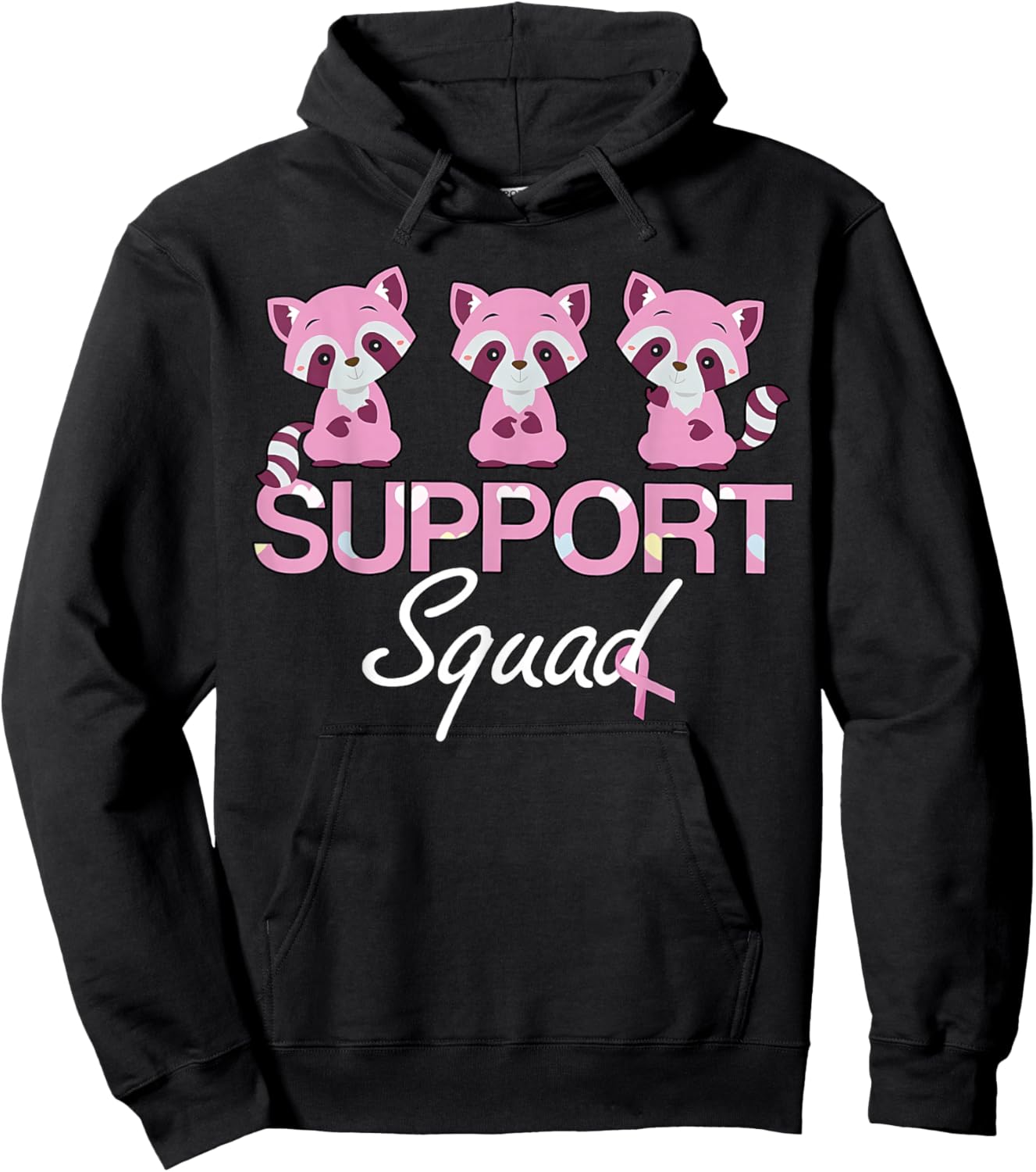 Cute Racoon Design Breast Cancer Support Pink Ribbon Hoodie - Hoodie | Black