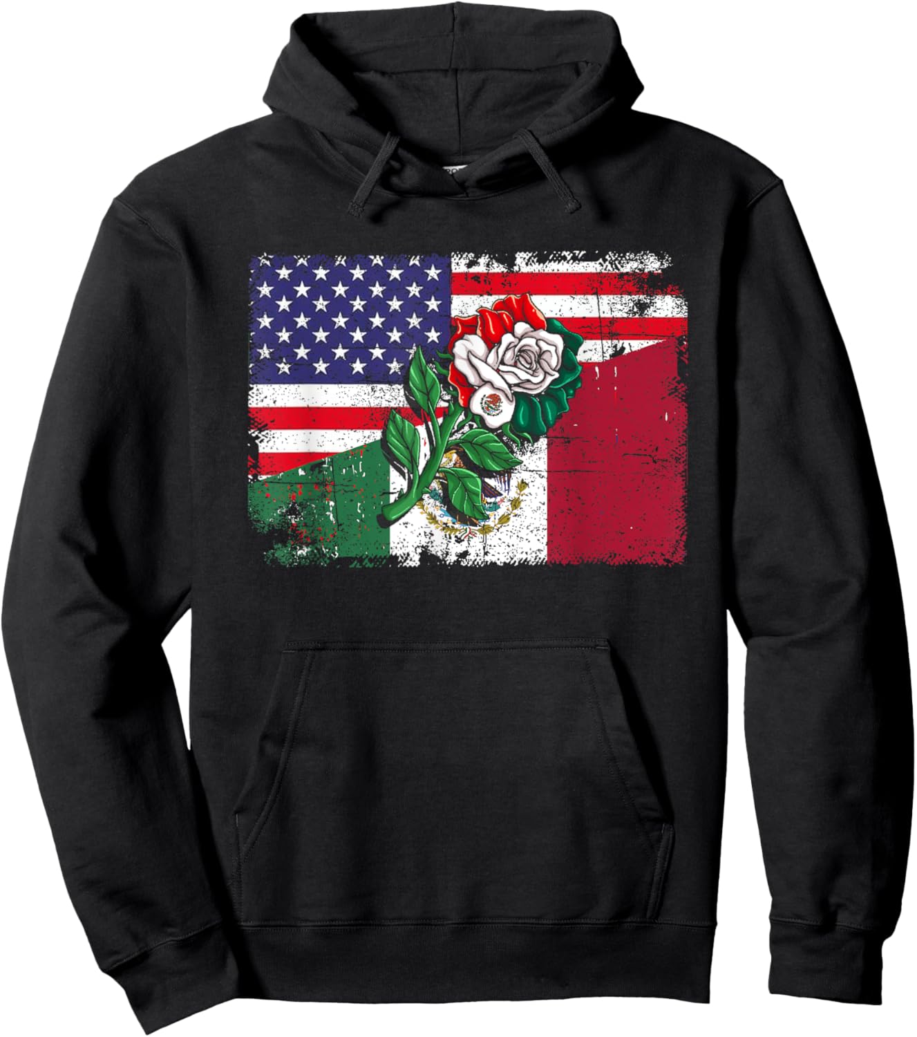 Mexico US Flag Mexican Flag American Flag Rose Kids Men Hoodie - Hoodie | Black