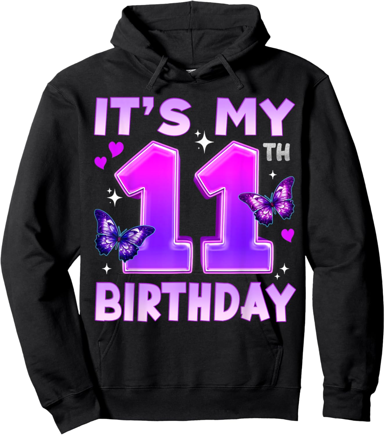 11th Birthday Cute Butterfly Bday 11 Year Old Birthday Girl Hoodie - Hoodie | Black