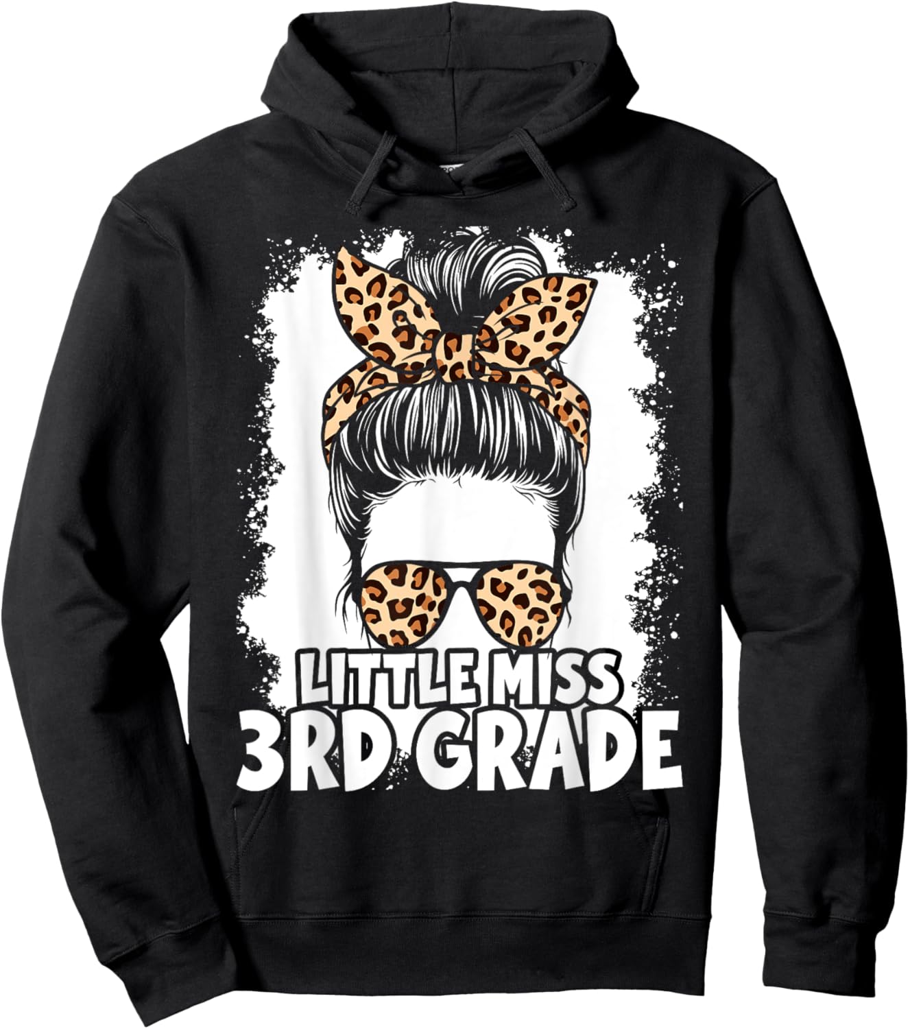 Hello 3rd Grade Messy Hair Bun Girl Leopard Back To School Hoodie - Hoodie | Black