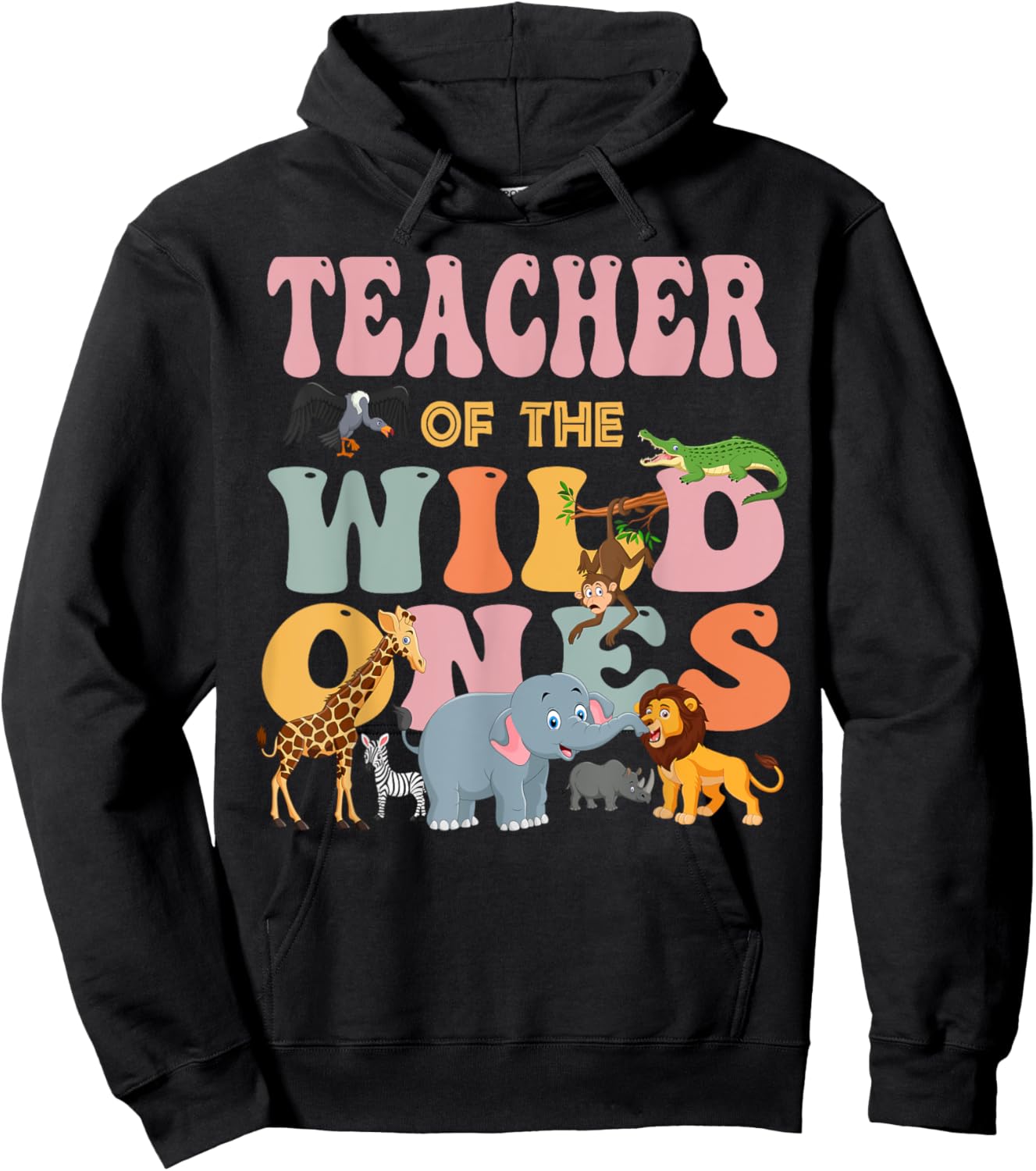 Teacher of the Wild One's Groovy Jungle Animal Earth Day Men Women Hoodie - Hoodie | Black