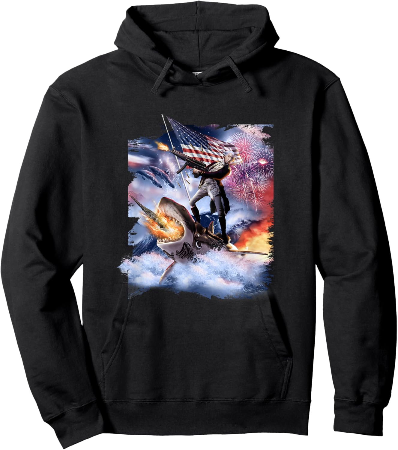 George Washington Riding Shark American Patriotic Funny Men Hoodie - Hoodie | Black