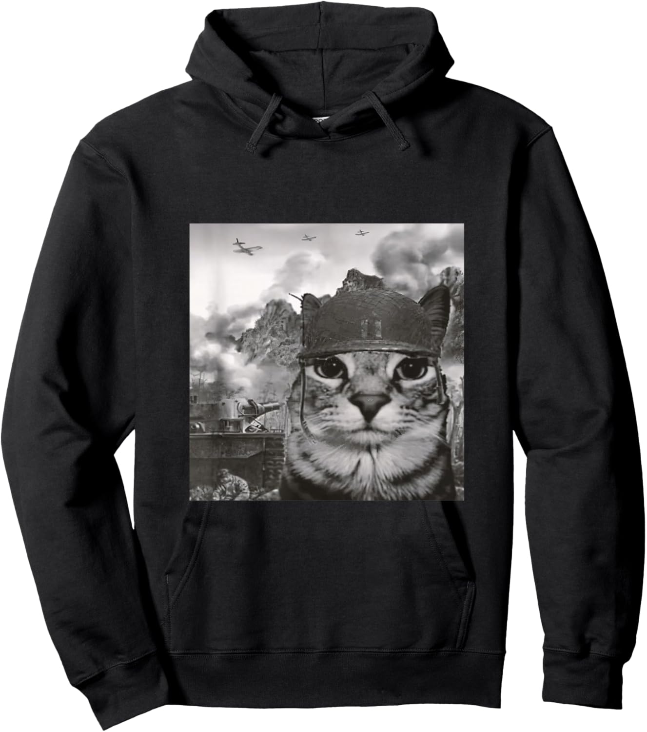 War Cat in The Battlefield, Kitten Soldier Selfie in Battle Hoodie - Hoodie | Black