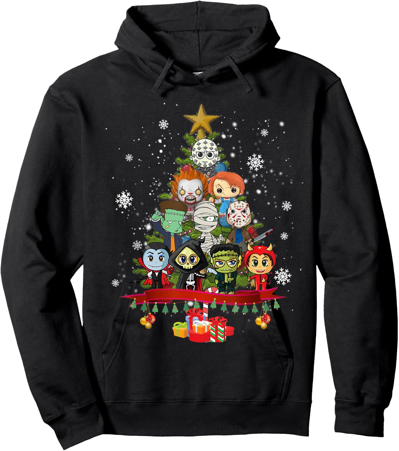 Horror Halloween Christmas Tree Xmas Decor Scary Characters Hoodie - Hoodie | Black