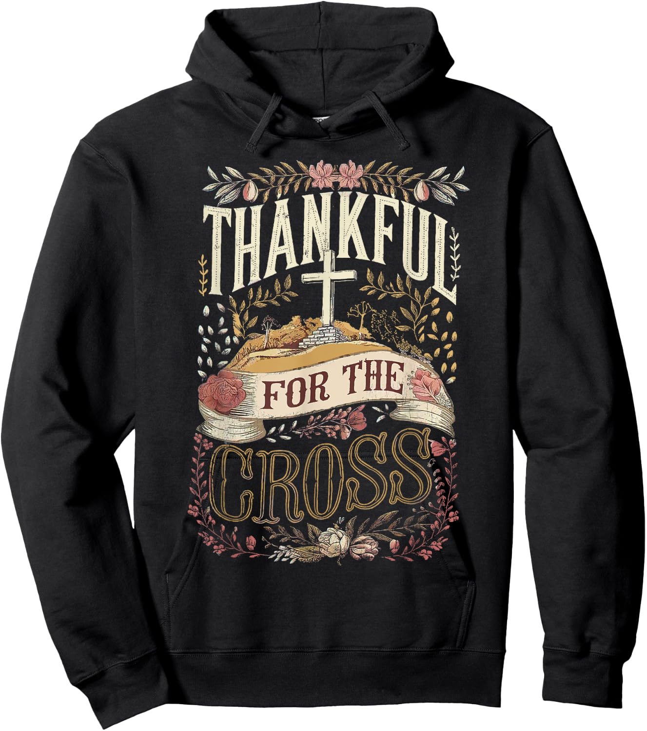 Retro Thankful for the Cross Thanksgiving Christian Clothing Hoodie - Hoodie | Black