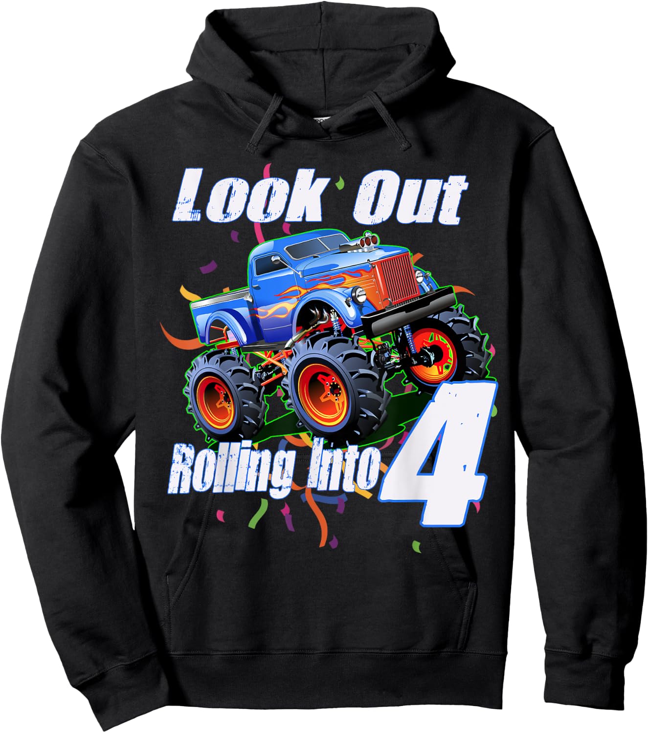 Kids 4 Year Old 4th Birthday Boy Monster Truck Car Hoodie - Hoodie | Black