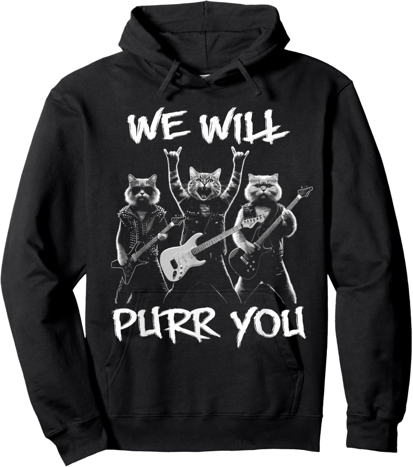 Cat Rock Band with Electric Guitars Funny Vintage Hoodie - Hoodie | Black
