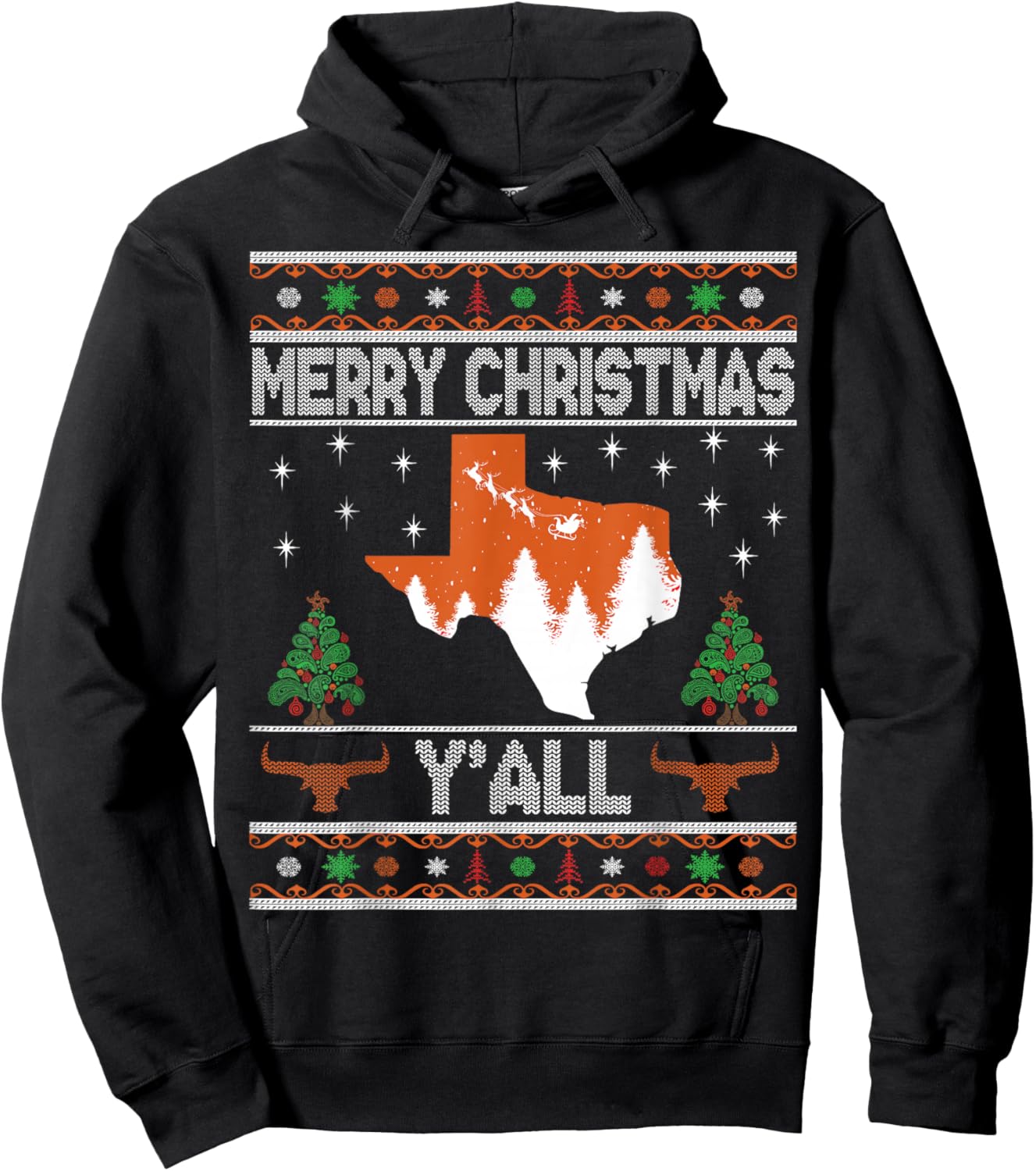 Merry Xmas Y'all Texas Ugly Holiday Longhorn Sweater Hoodie - Hoodie | Black