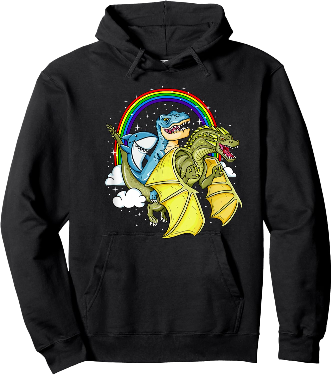 Shark Riding T-Rex Dinosaur Dragon Rainbow Fantasy Gift Hoodie - Hoodie | Black
