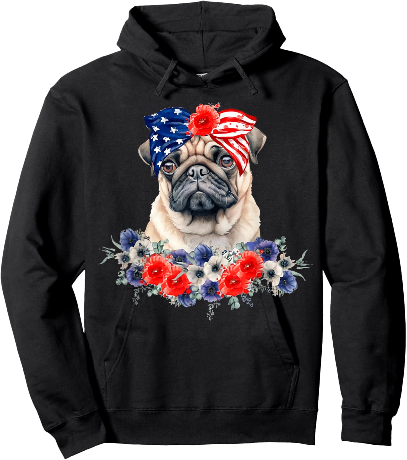 Pug Dog Bandana American Flag 4th Of July Women Kids Men Hoodie - Hoodie | Black