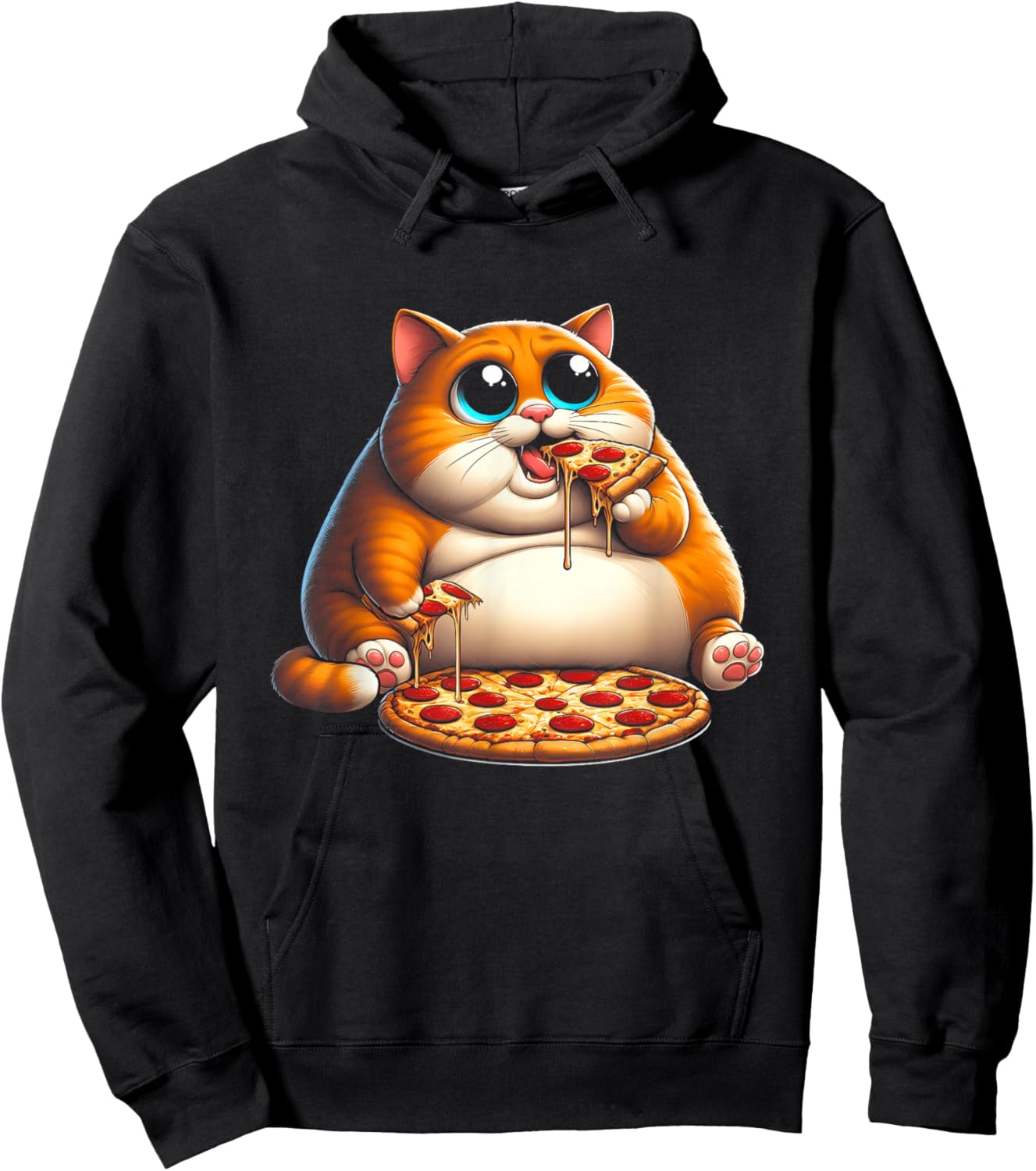 Funny Fat Cat Eating Pizza Fast Food Art Meme Animal Lover Hoodie - Hoodie | Black