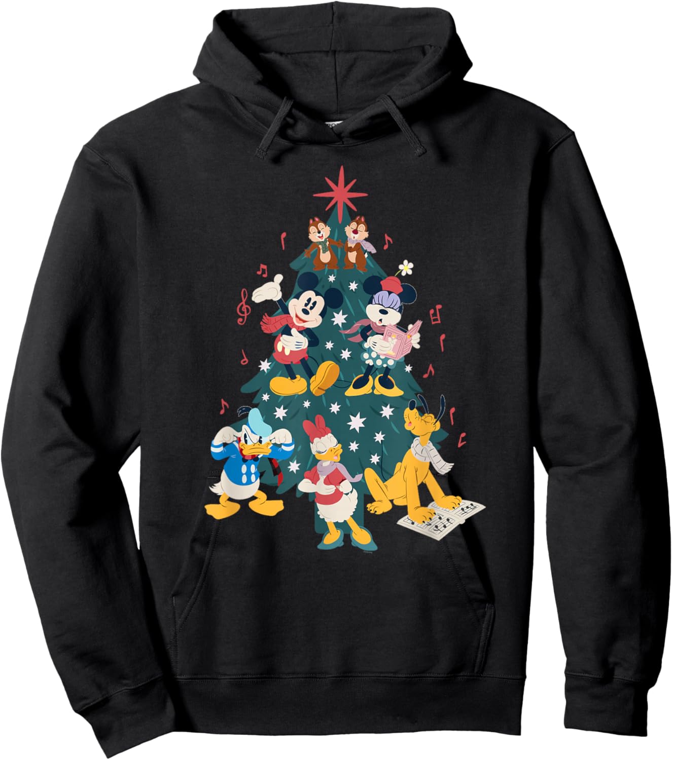 Disney Mickey & Friends Holiday Retro Christmas Tree Carols Hoodie - Hoodie | Black