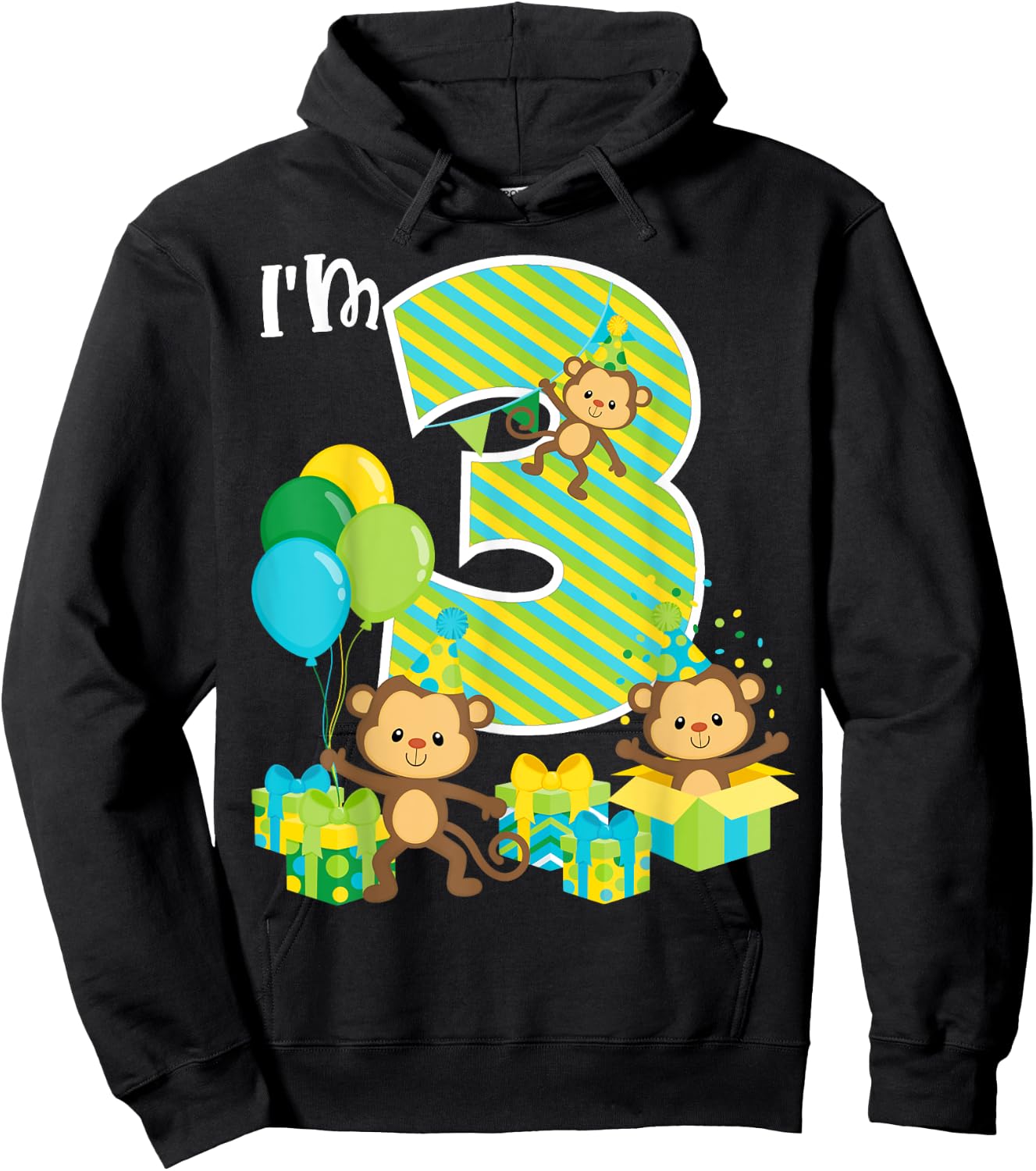 Birthday Monkey 3rd Birthday Party Three Yrs Old Kid Toddler Hoodie - Hoodie | Black