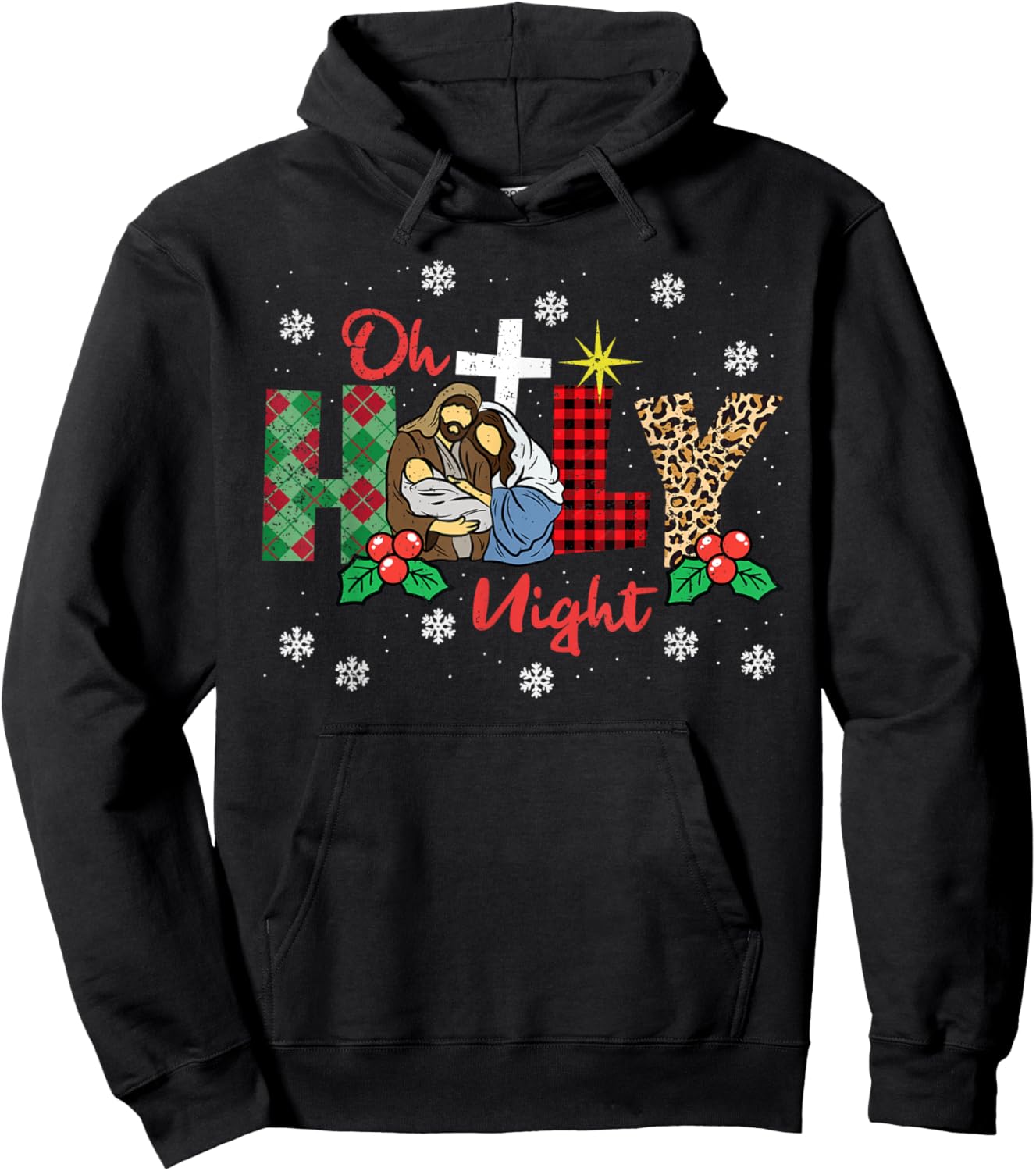 Oh Holy Night Christmas Pajama X-Mas Plaid Christian Hoodie - Hoodie | Black