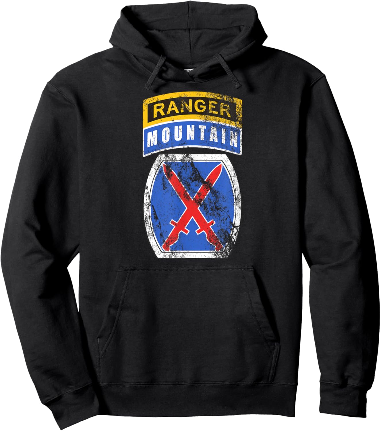 10th Mountain (MTN) Division Patch Ranger Tab Distressed Hoodie - Hoodie | Black