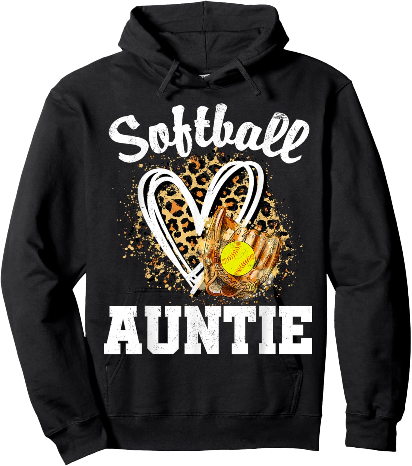 Softball Auntie Leopard Heart Matching Family Hoodie - Hoodie | Black