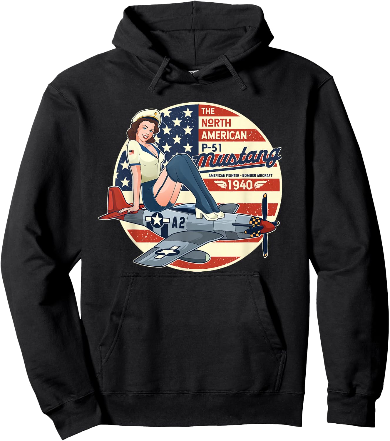 P51 Mustang T Shirt Airplane Shirts WWII Shirt Pinup Hoodie - Hoodie | Black