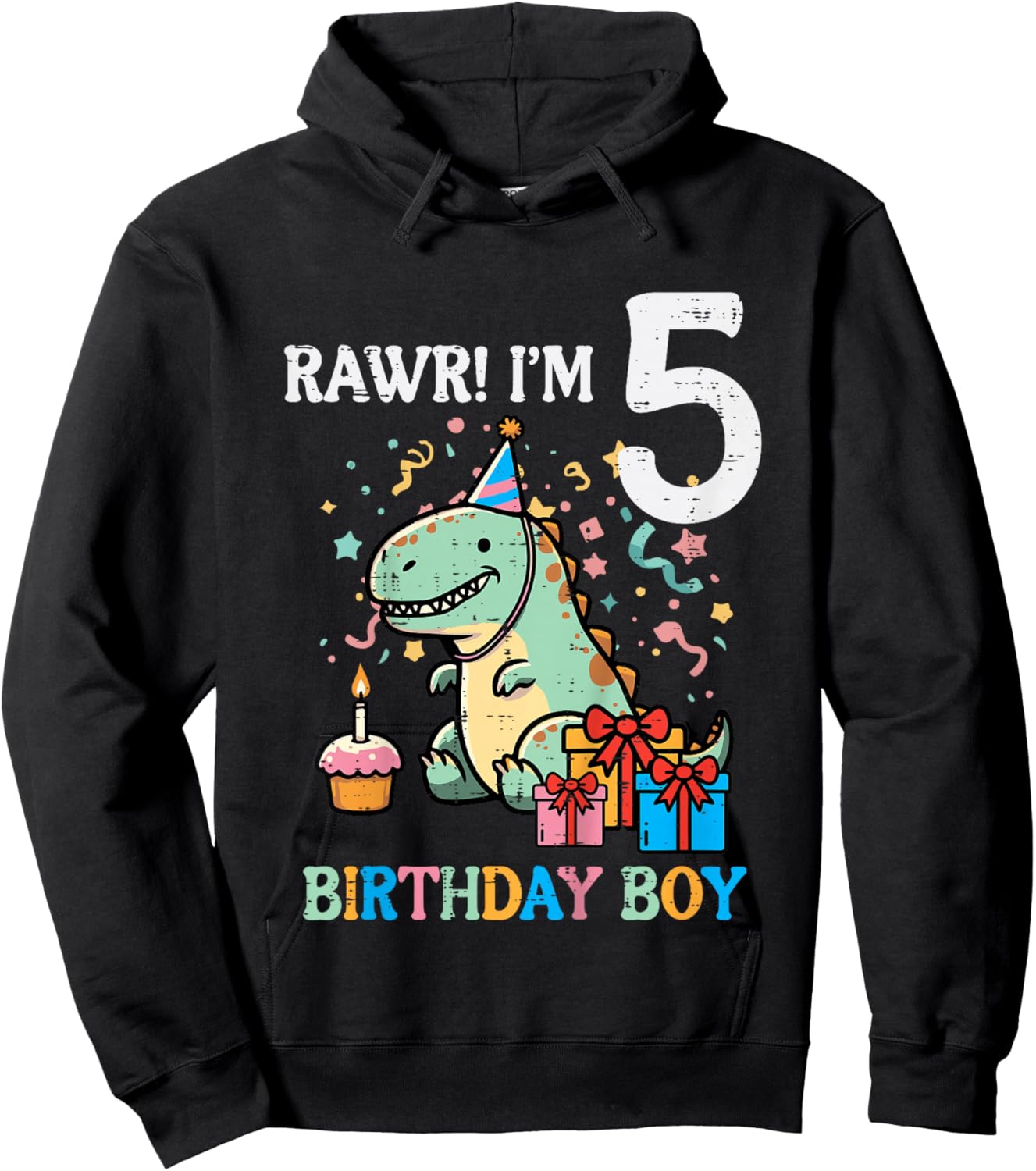 Kids Rawr Im 5 Dinosaur Birthday Boy Cute 5th Bday Trex Boys Kids Hoodie - Hoodie | Black