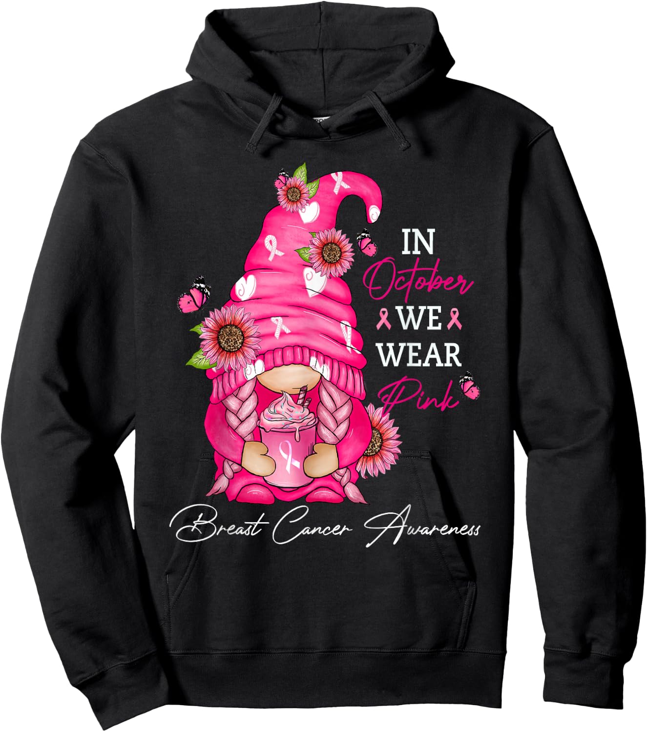 In October We Wear Pink Ribbon Breast Cancer Funny Gnome Hoodie - Hoodie | Black