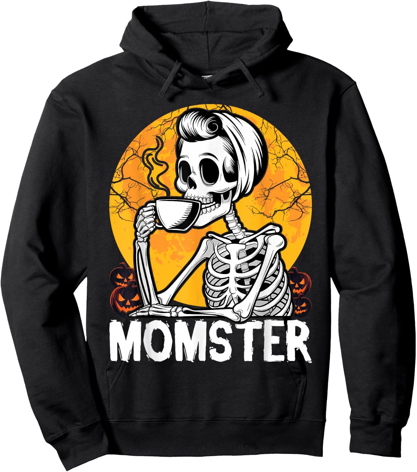 Momster Skeleton Woman Coffee Funny Halloween Mom Mama Women Hoodie - Hoodie | Black