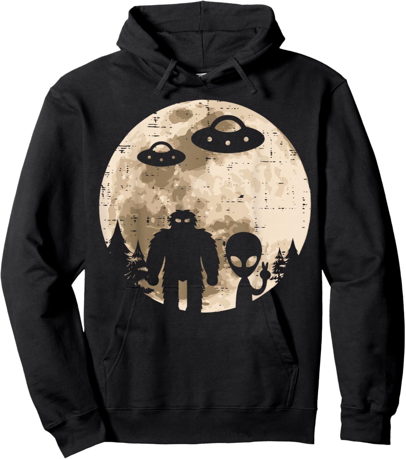 Alien UFO Bigfoot Moon Funny Sasquatch Yeti Men Women Kids Hoodie - Hoodie | Black