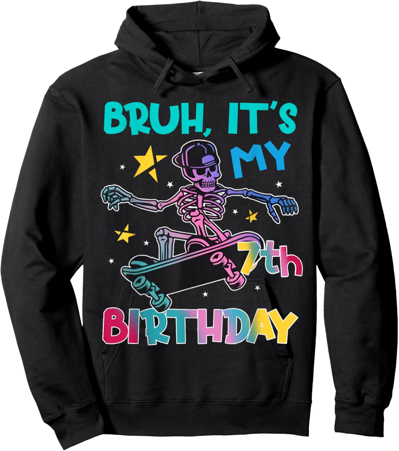 7th Birthday Skeleton Skateboard Skater Boys Kids 7 Year Old Hoodie - Hoodie | Black