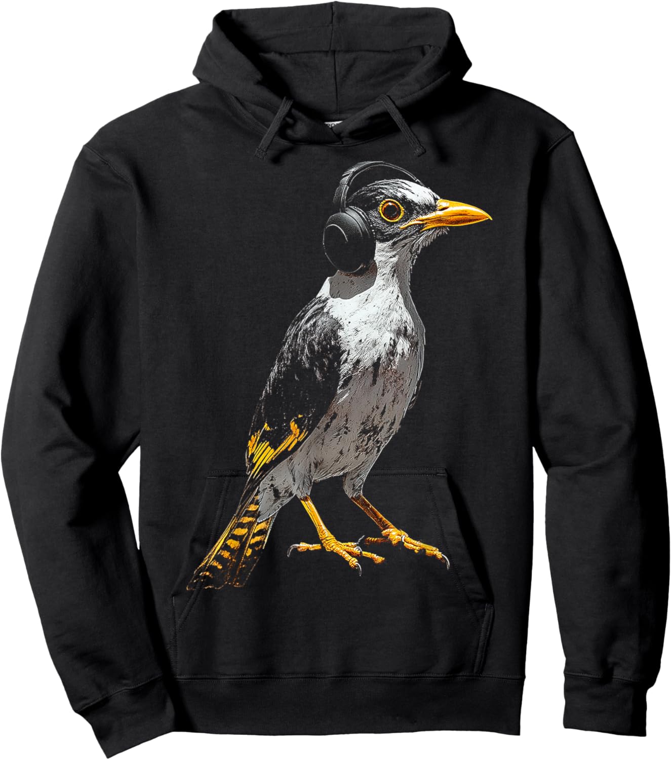 Myna Bird Motif Animal Illustration Music Headphone Myna Hoodie - Hoodie | Black