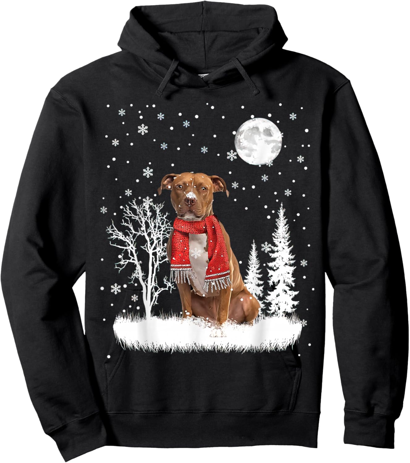 Pitbull Under Moonlight Snow Christmas Pajama Hoodie - Hoodie | Black