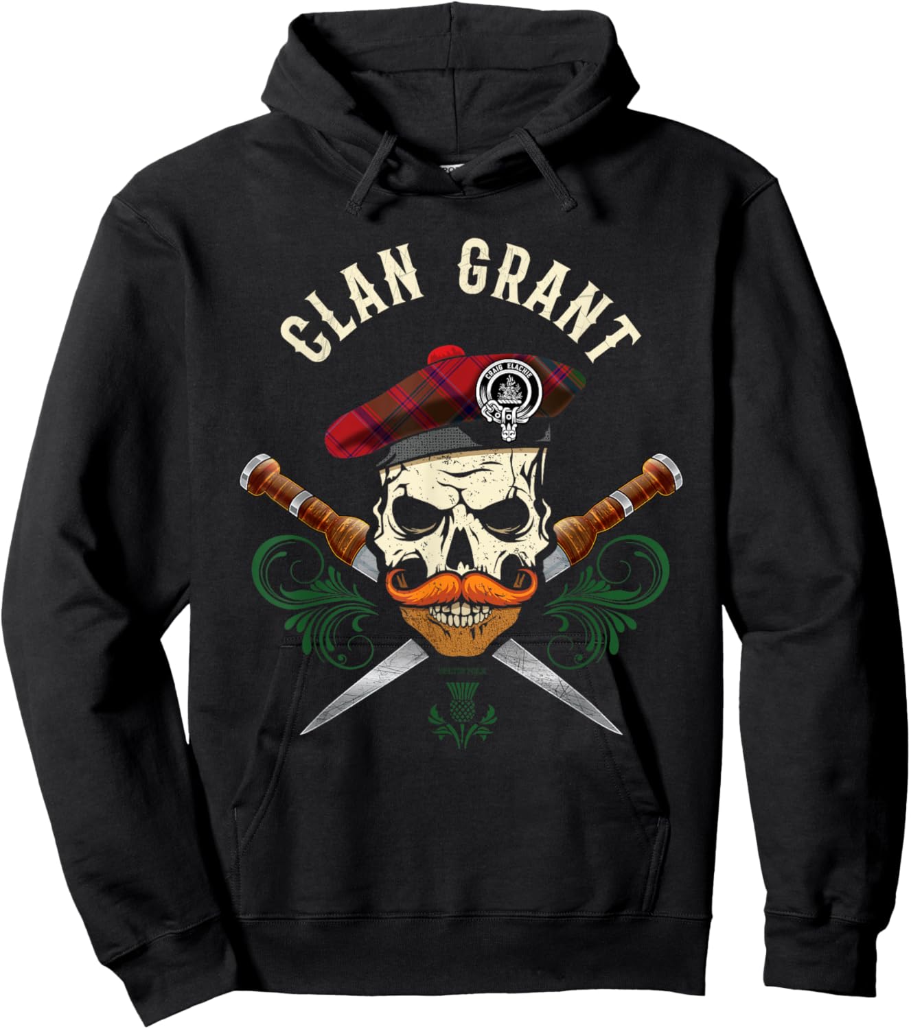 Scottish Clan Grant Surname Skull Dirks Tartan Badge Hoodie - Hoodie | Black