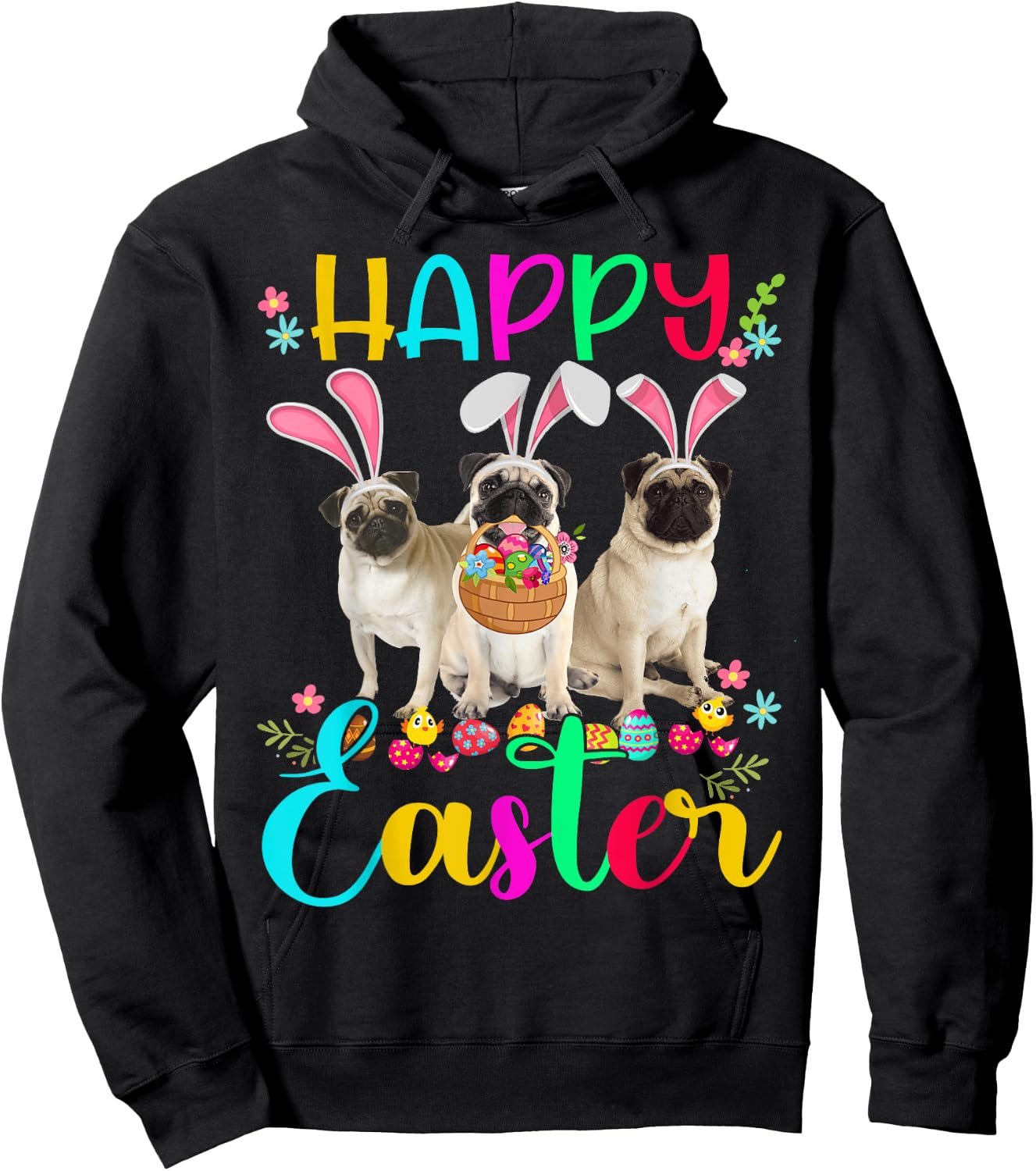 Happy Easter Three Pug Wearing Bunny Ear Pug Lover Hoodie - Hoodie | Black
