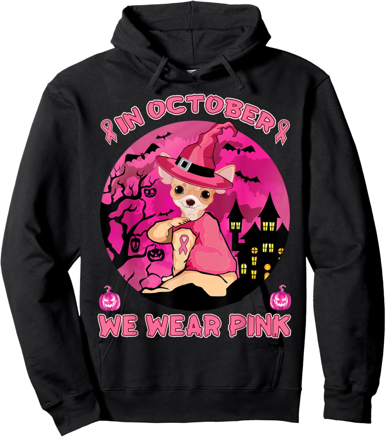 In October We Wear Pink Chihuahua Breast Cancer Halloween Hoodie - Hoodie | Black