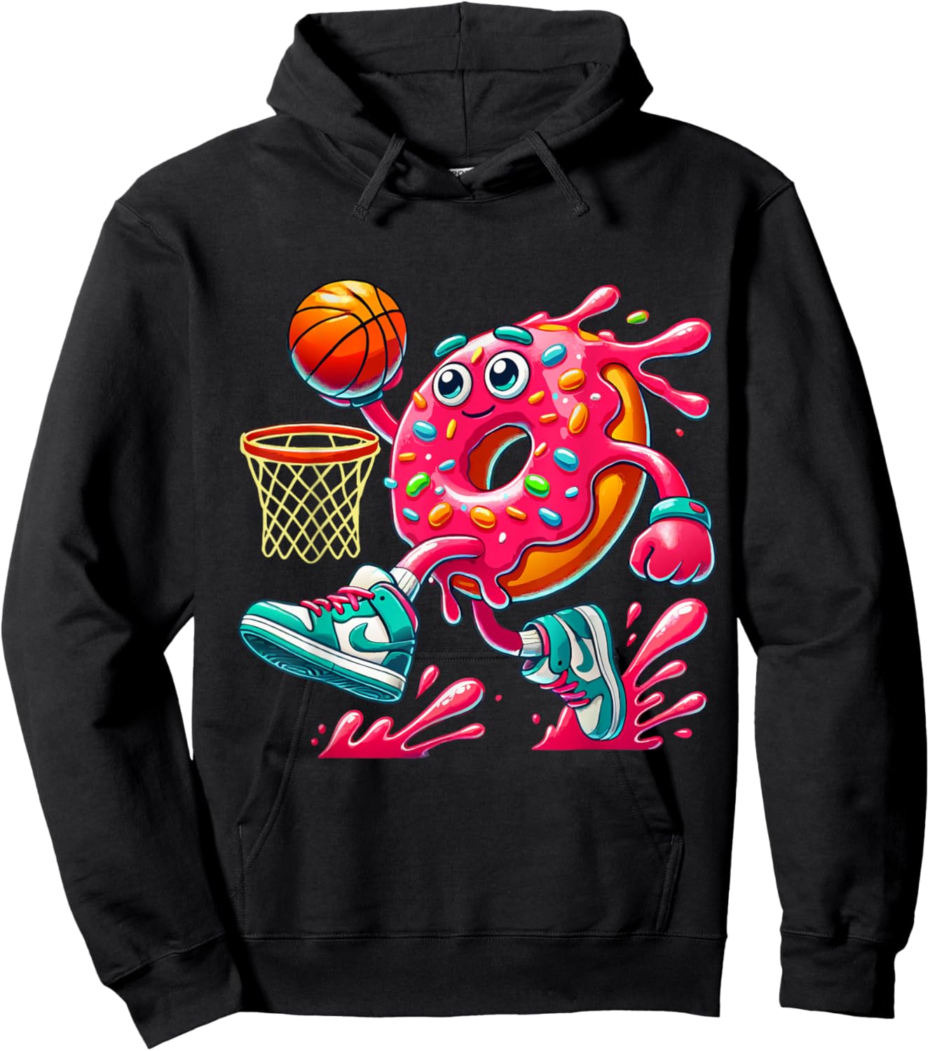 Funny Donut Basketball Food with Fun Cartoon Style Hoodie - Hoodie | Black