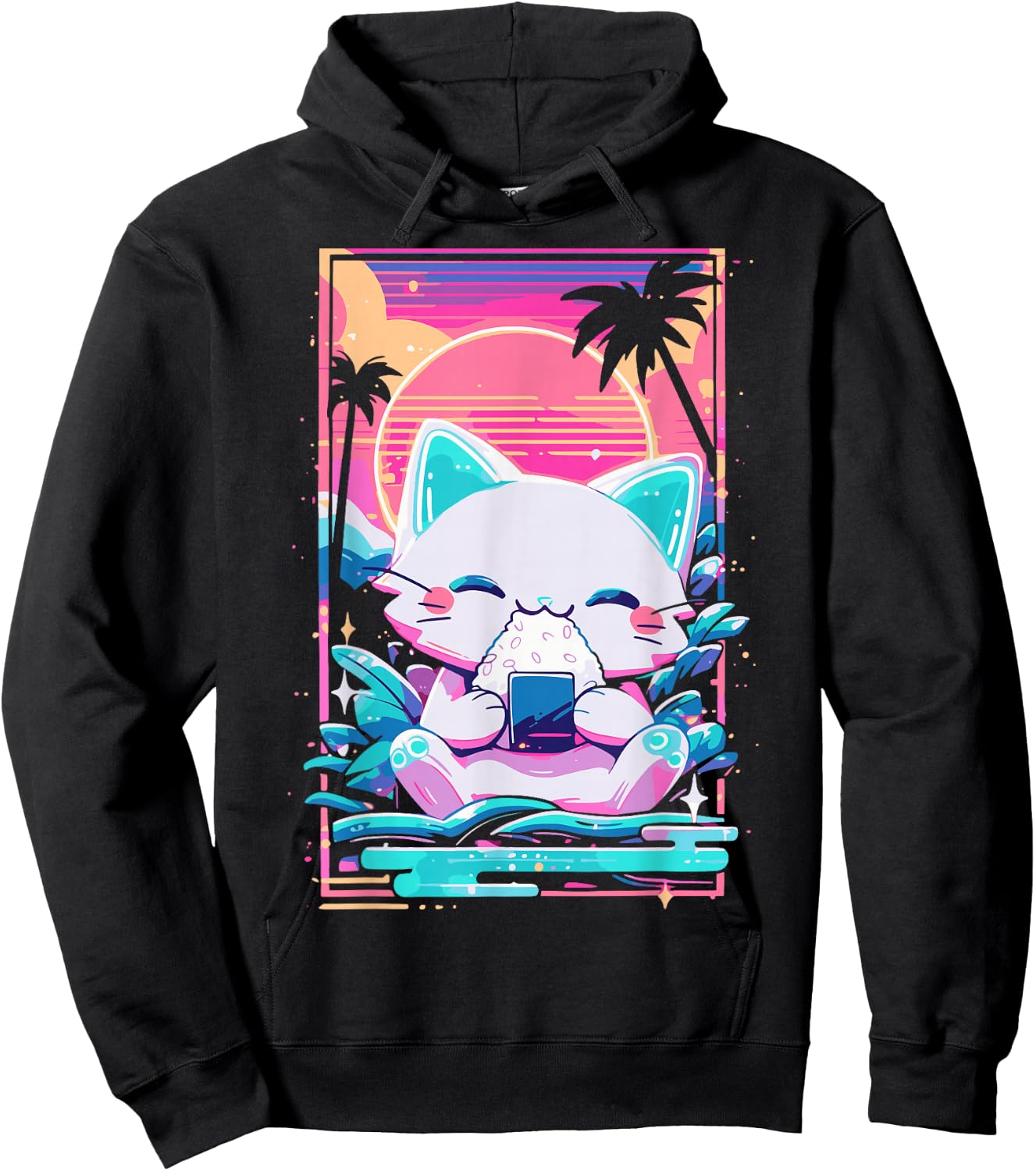 Anime Cat Eating Onigiri Japanese Sushi Cat Japan Hoodie - Hoodie | Black