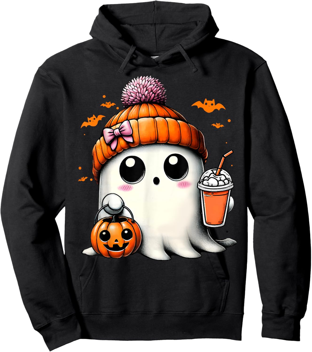 Cute Ghost Drinking Coffee Halloween Ghost Ice Coffee Hoodie - Hoodie | Black